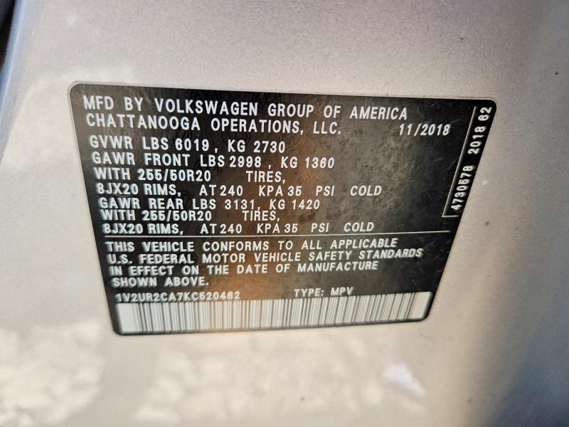 53362076 :رقم المزاد ، 1V2UR2CA7KC520462 vin ، 2019 Volkswagen Atlas مزاد بيع