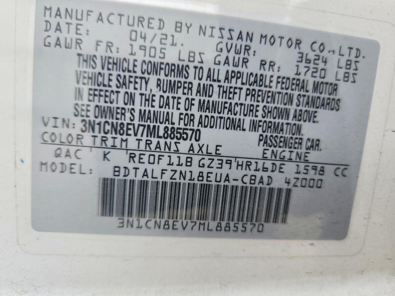 Aukcja sprzedaży 2021 Nissan Versa, vin: 3N1CN8EV7ML885570, numer aukcji: 54517586