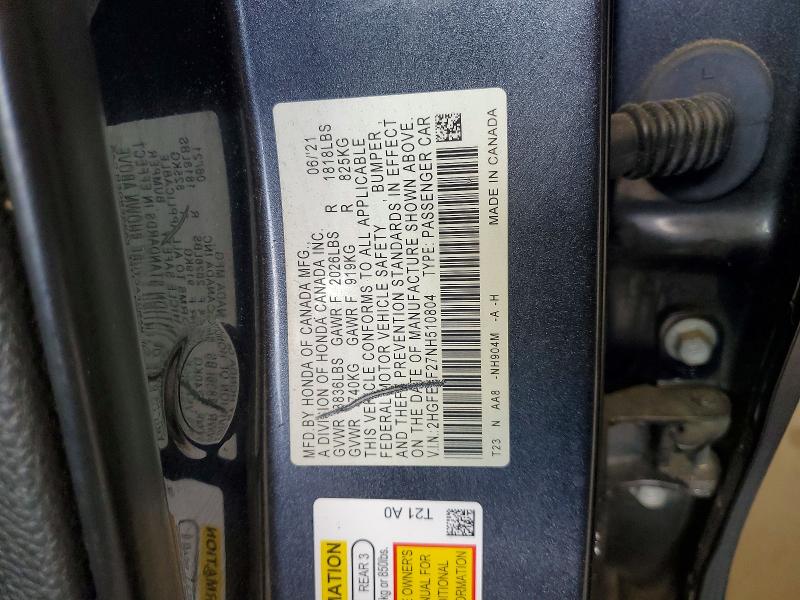 Продажа на аукционе авто 2022 Honda Civic, vin: 2HGFE2F27NH510804, номер лота: 52052326