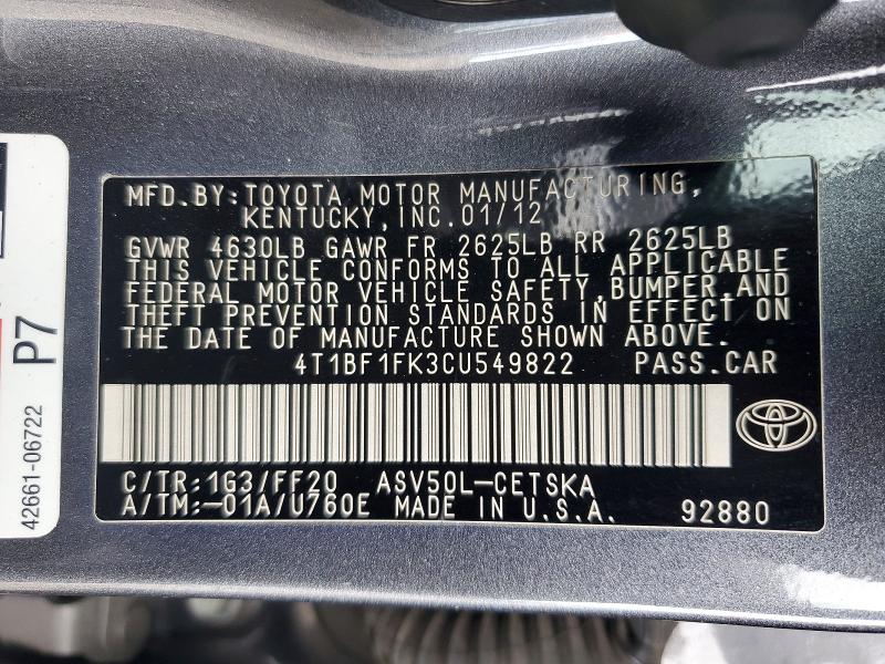 55158626 :رقم المزاد ، 4T1BF1FK3CU549822 vin ، 2012 Toyota Camry مزاد بيع