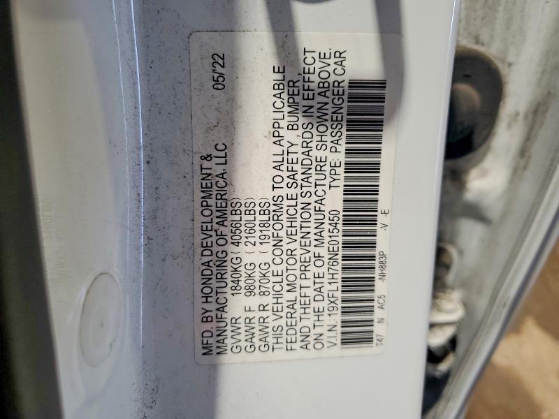 2022 Honda Civic მანქანა იყიდება აუქციონზე, vin: 19XFL1H76NE015450, აუქციონის ნომერი: 53885236