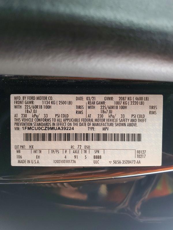 2021 Ford Escape მანქანა იყიდება აუქციონზე, vin: 1FMCU0CZ9MUA39224, აუქციონის ნომერი: 53625076