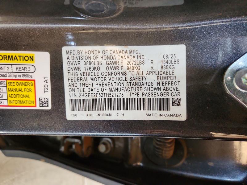 Продаж на аукціоні авто 2026 Honda Civic, vin: 2HGFE2F52TH521278, номер лоту: 54134236