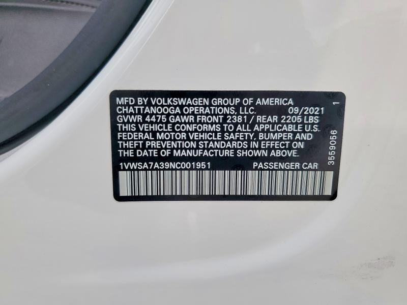 Aukcja sprzedaży 2022 Volkswagen Passat, vin: 1VWSA7A39NC001951, numer aukcji: 53760226