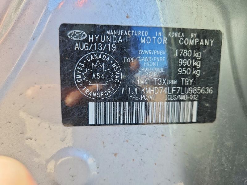 55179986 :رقم المزاد ، KMHD74LF7LU985636 vin ، 2020 Hyundai Elantra مزاد بيع