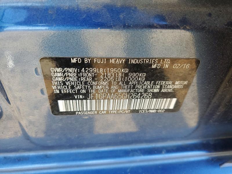 Aukcja sprzedaży 2016 Subaru Impreza, vin: JF1GPAA65GH264268, numer aukcji: 54397066