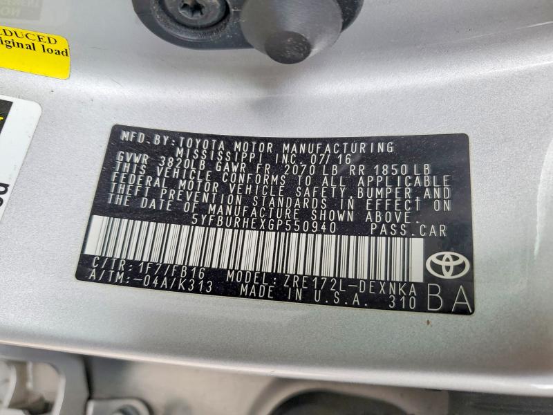 Aukcja sprzedaży 2016 Toyota Corolla, vin: 5YFBURHEXGP550940, numer aukcji: 54865666