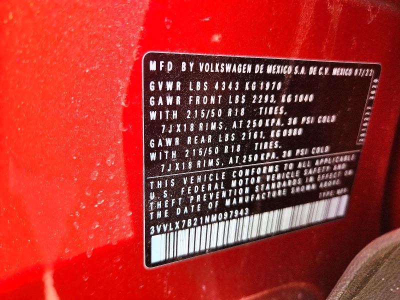52552216 :رقم المزاد ، 3VVLX7B21NM097943 vin ، 2022 Volkswagen Taos مزاد بيع