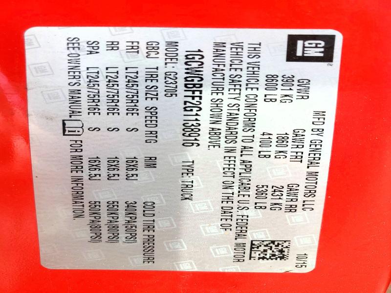 2016 Chevrolet Express G2500 მანქანა იყიდება აუქციონზე, vin: 1GCWGBFF2G1138916, აუქციონის ნომერი: 51336436