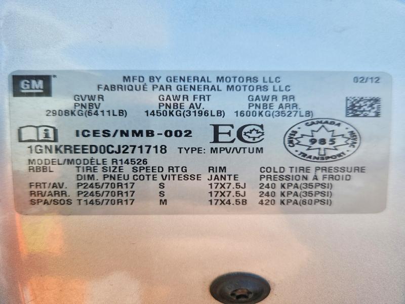 Продаж на аукціоні авто 2012 Chevrolet Traverse, vin: 1GNKREED0CJ271718, номер лоту: 52072526