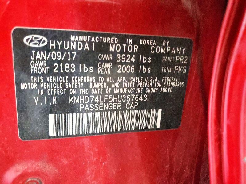 54388826 :رقم المزاد ، KMHD74LF5HU367643 vin ، 2017 Hyundai Elantra مزاد بيع