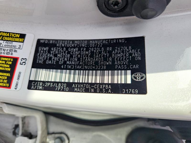 Aukcja sprzedaży 2022 Toyota Camry, vin: 4T1K31AK2NU043238, numer aukcji: 54709916