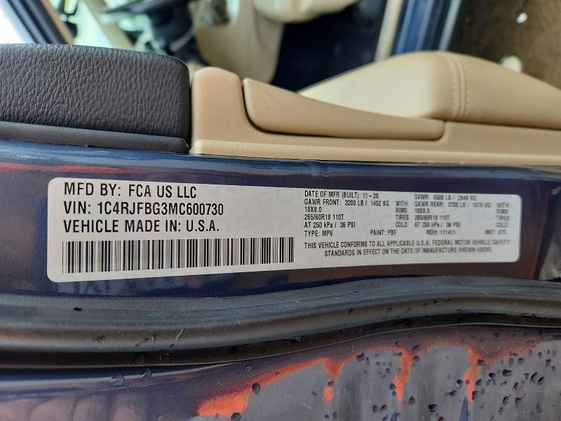 2021 Jeep Grand Cherokee მანქანა იყიდება აუქციონზე, vin: 1C4RJFBG3MC600730, აუქციონის ნომერი: 54187186