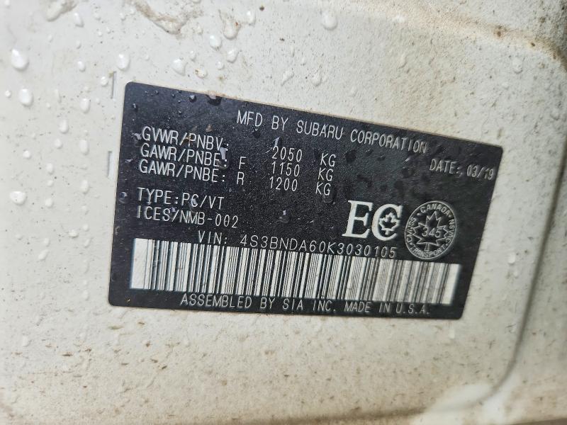 2019 Subaru Legacy მანქანა იყიდება აუქციონზე, vin: 4S3BNDA60K3030105, აუქციონის ნომერი: 55522516