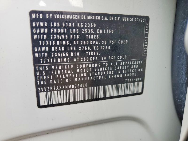 2022 Volkswagen Tiguan მანქანა იყიდება აუქციონზე, vin: 3VV3B7AXXNM078450, აუქციონის ნომერი: 53114396
