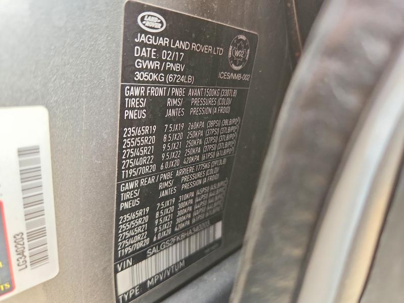 2017 Land Rover Range Rover მანქანა იყიდება აუქციონზე, vin: SALGS2FK8HA340203, აუქციონის ნომერი: 53135876