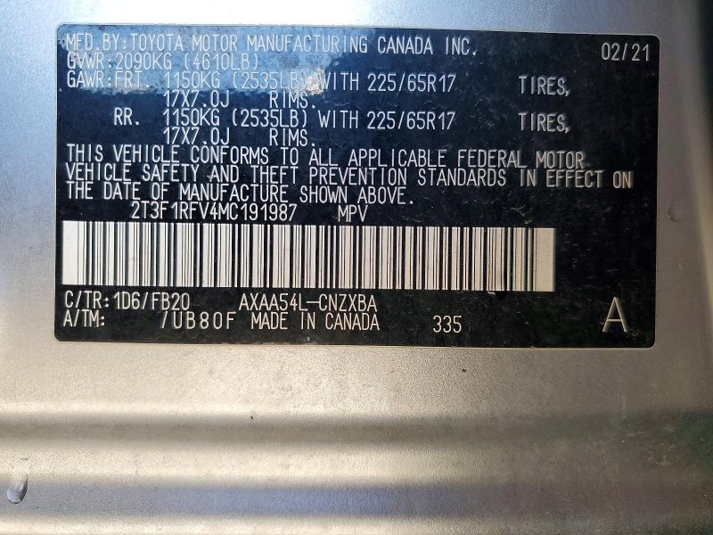Продаж на аукціоні авто 2021 Toyota Rav4, vin: 2T3F1RFV4MC191987, номер лоту: 54308256