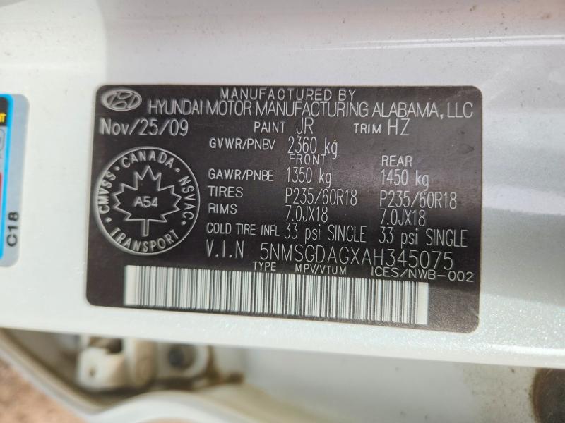 54606726 :رقم المزاد ، 5NMSGDAGXAH345075 vin ، 2010 Hyundai Santa Fe مزاد بيع