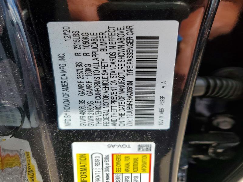 2021 Acura Tlx მანქანა იყიდება აუქციონზე, vin: 19UUB5F43MA006184, აუქციონის ნომერი: 53759996