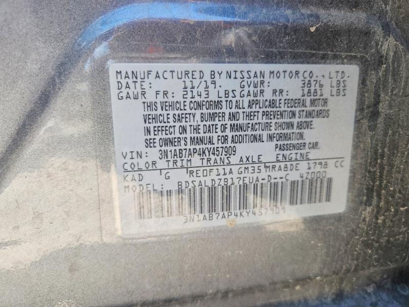 2019 Nissan Sentra მანქანა იყიდება აუქციონზე, vin: 3N1AB7AP4KY457909, აუქციონის ნომერი: 54170596