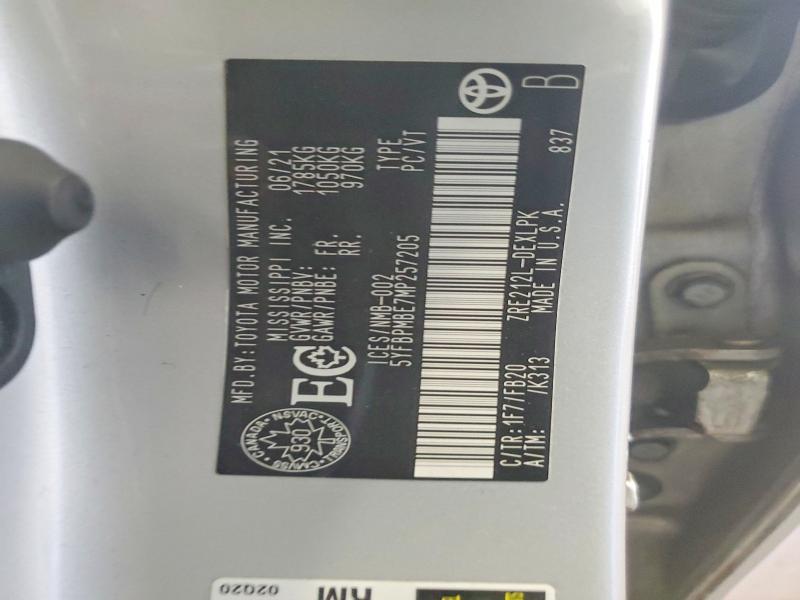 52705626 :رقم المزاد ، 5YFBPMBE7MP257205 vin ، 2021 Toyota Corolla مزاد بيع