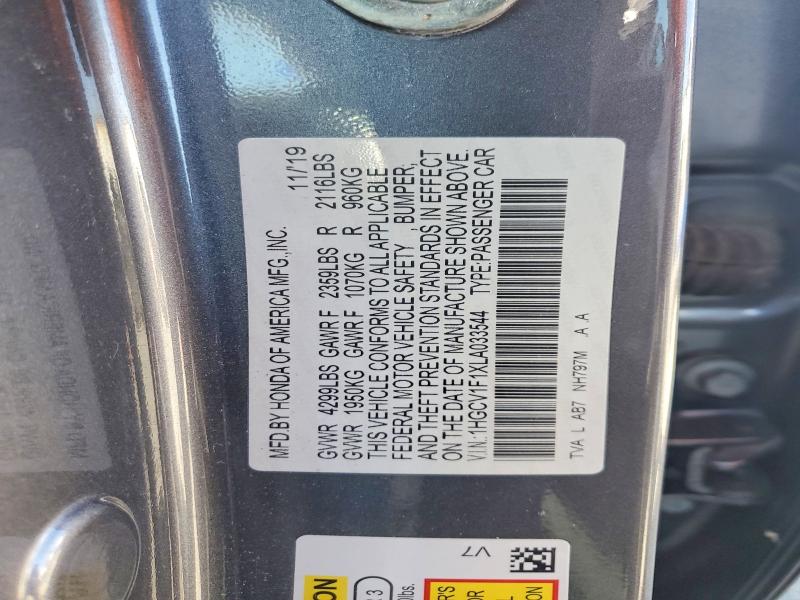 Продаж на аукціоні авто 2020 Honda Accord, vin: 1HGCV1F1XLA033544, номер лоту: 51918916