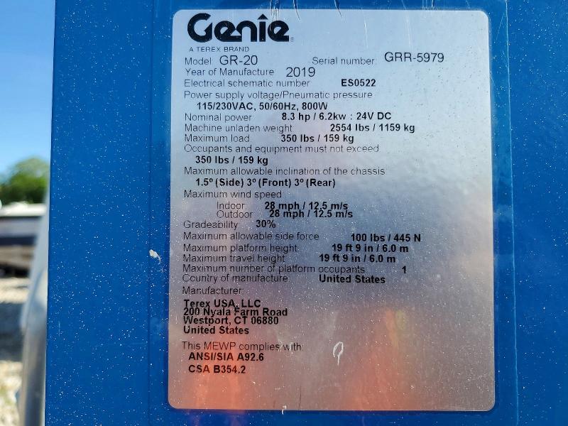 2019 Genie Unknown მანქანა იყიდება აუქციონზე, vin: GRR5979, აუქციონის ნომერი: 54615116