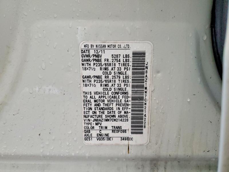 Продажа на аукционе авто 2012 Nissan Murano, vin: JN8AZ1MW7CW214228, номер лота: 54953626