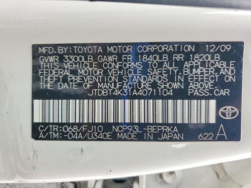 52868526 :رقم المزاد ، JTDBT4K31A4071104 vin ، 2010 Toyota Yaris مزاد بيع