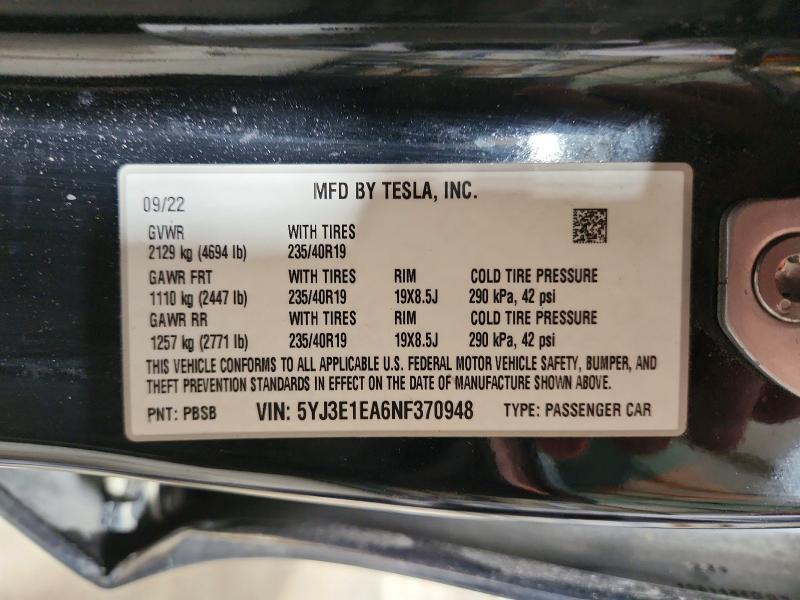 2022 Tesla Model 3 მანქანა იყიდება აუქციონზე, vin: 5YJ3E1EA6NF370948, აუქციონის ნომერი: 53898686