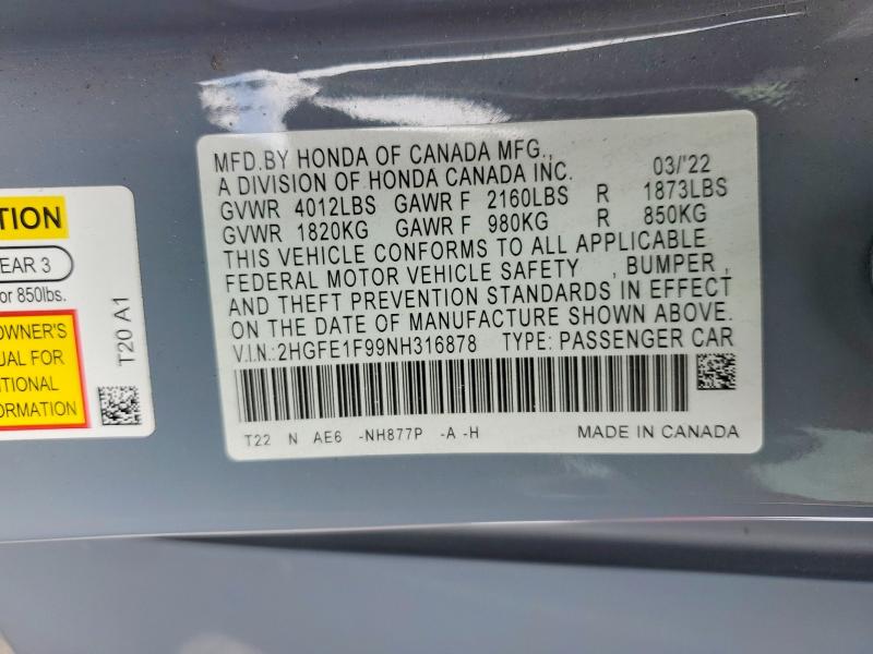55347006 :رقم المزاد ، 2HGFE1F99NH316878 vin ، 2022 Honda Civic مزاد بيع