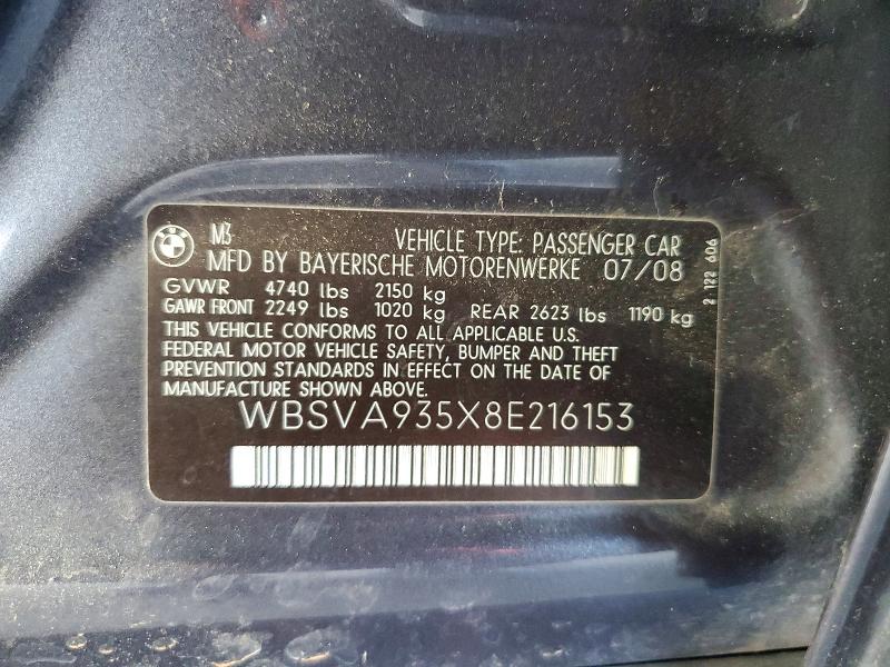 2008 Bmw M3 მანქანა იყიდება აუქციონზე, vin: WBSVA935X8E216153, აუქციონის ნომერი: 54830536
