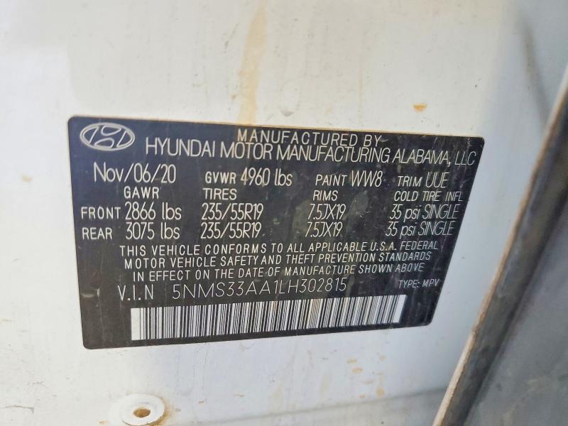 53272296 :رقم المزاد ، 5NMS33AA1LH302815 vin ، 2020 Hyundai Santa Fe مزاد بيع
