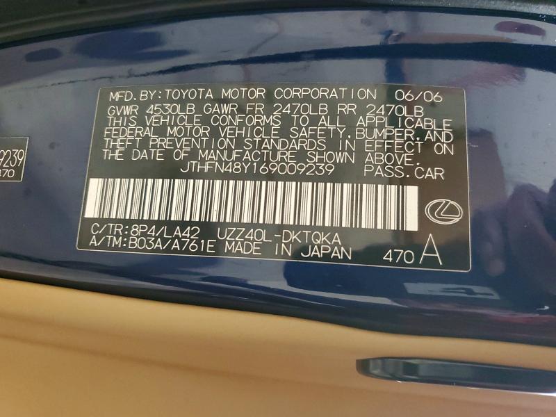 2006 Lexus Sc მანქანა იყიდება აუქციონზე, vin: JTHFN48Y169009239, აუქციონის ნომერი: 54673226