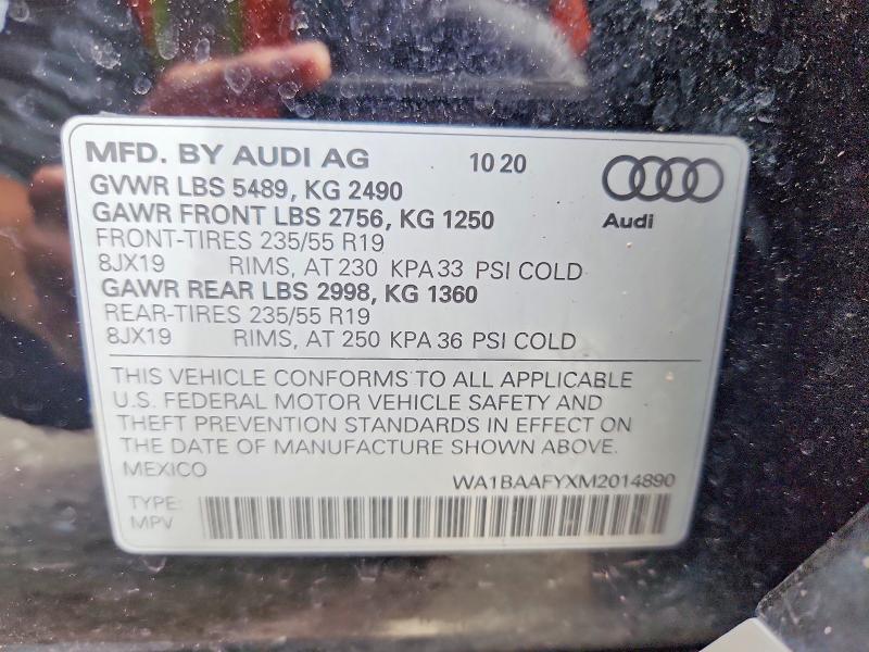 2021 Audi Q5 მანქანა იყიდება აუქციონზე, vin: WA1BAAFYXM2014890, აუქციონის ნომერი: 52031286