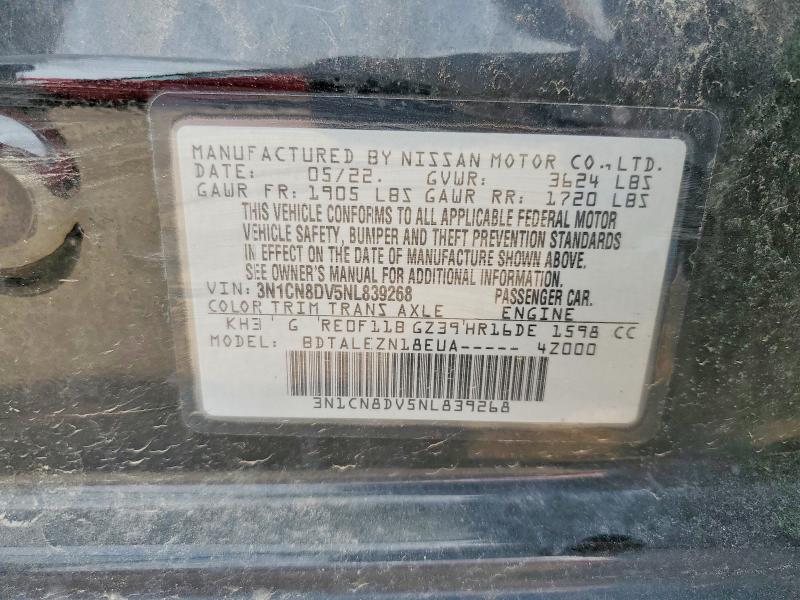 2022 Nissan Versa მანქანა იყიდება აუქციონზე, vin: 3N1CN8DV5NL839268, აუქციონის ნომერი: 54722606