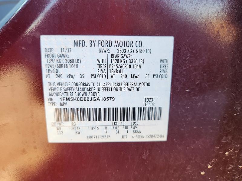 54691036 :رقم المزاد ، 1FM5K8D80JGA18579 vin ، 2018 Ford Explorer مزاد بيع