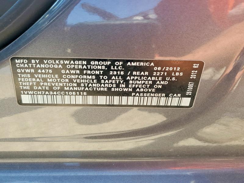 54471886 :رقم المزاد ، 1VWCH7A34CC105115 vin ، 2012 Volkswagen Passat مزاد بيع