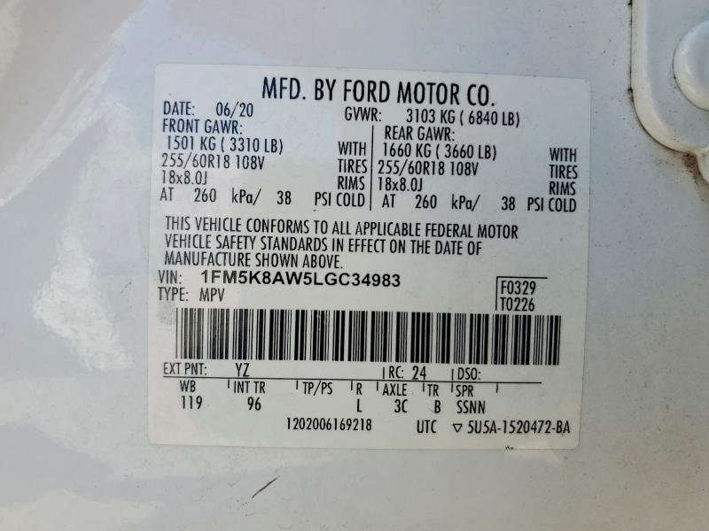 47153466 :رقم المزاد ، 1FM5K8AW5LGC34983 vin ، 2020 Ford Explorer مزاد بيع