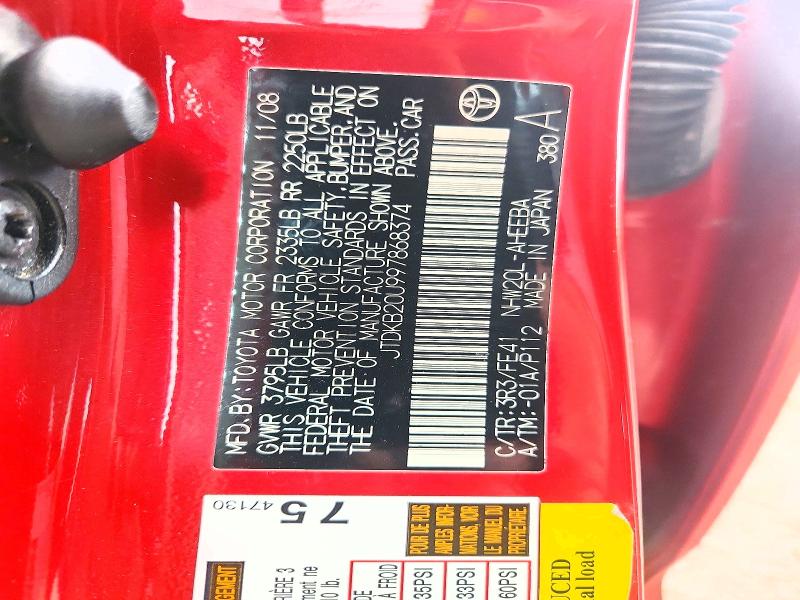 Aukcja sprzedaży 2009 Toyota Prius, vin: JTDKB20U997868374, numer aukcji: 52189756