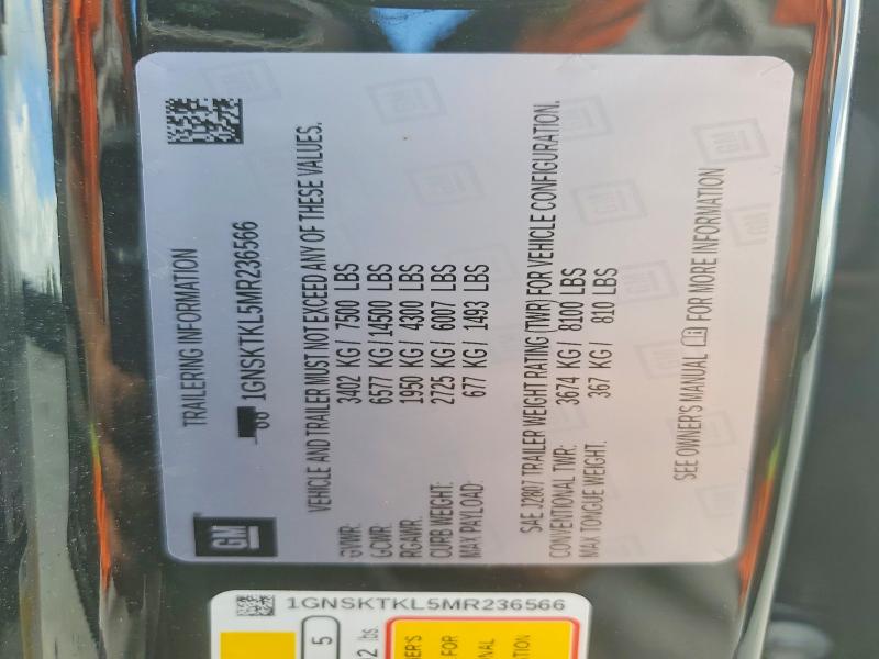 54103246 :رقم المزاد ، 1GNSKTKL5MR236566 vin ، 2021 Chevrolet Tahoe مزاد بيع