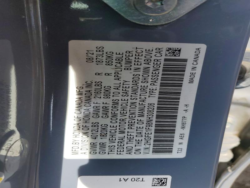 Aukcja sprzedaży 2022 Honda Civic, vin: 2HGFE1F98NH308206, numer aukcji: 52295476