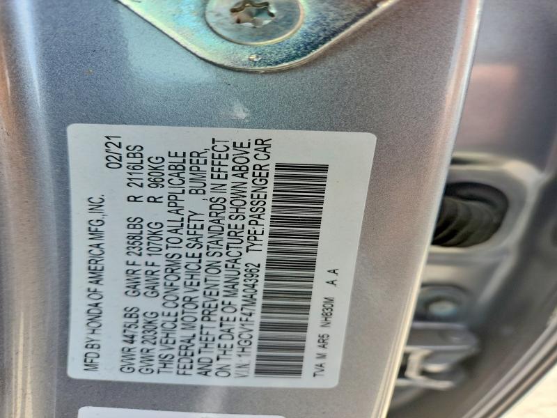53125686 :رقم المزاد ، 1HGCV1F47MA043962 vin ، 2021 Honda Accord مزاد بيع