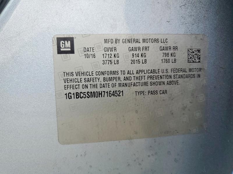 2017 Chevrolet Cruze მანქანა იყიდება აუქციონზე, vin: 1G1BC5SM0H7164521, აუქციონის ნომერი: 55393336