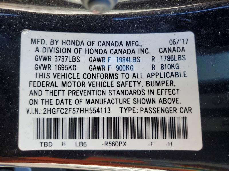 Продажа на аукционе авто 2017 Honda Civic, vin: 2HGFC2F57HH554113, номер лота: 51718756