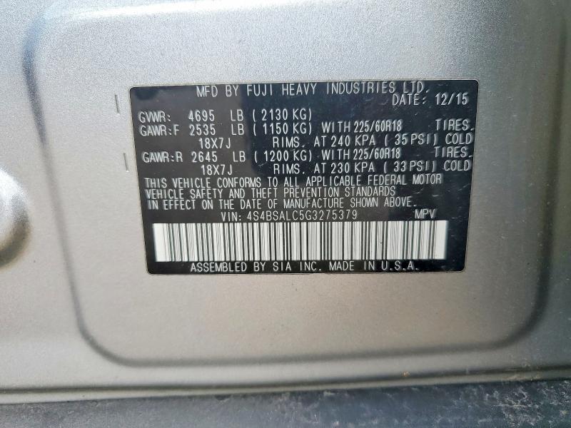 54341756 :رقم المزاد ، 4S4BSALC5G3275379 vin ، 2016 Subaru Outback مزاد بيع