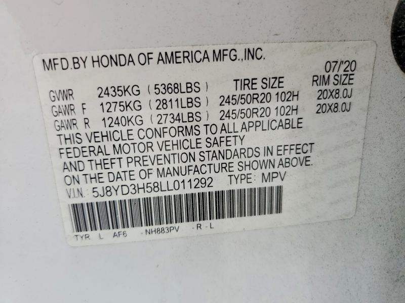 Продажа на аукционе авто 2020 Acura Mdx, vin: 5J8YD3H58LL011292, номер лота: 53141266