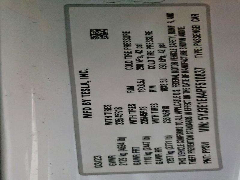 2023 Tesla Model 3 მანქანა იყიდება აუქციონზე, vin: 5YJ3E1EA4PF510837, აუქციონის ნომერი: 52918156