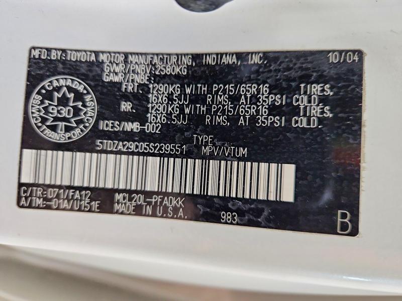 Продаж на аукціоні авто 2005 Toyota Sienna, vin: 5TDZA29C05S239551, номер лоту: 53219946