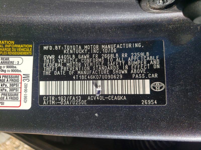 2007 Toyota Camry მანქანა იყიდება აუქციონზე, vin: 4T1BE46K07U090629, აუქციონის ნომერი: 54258416